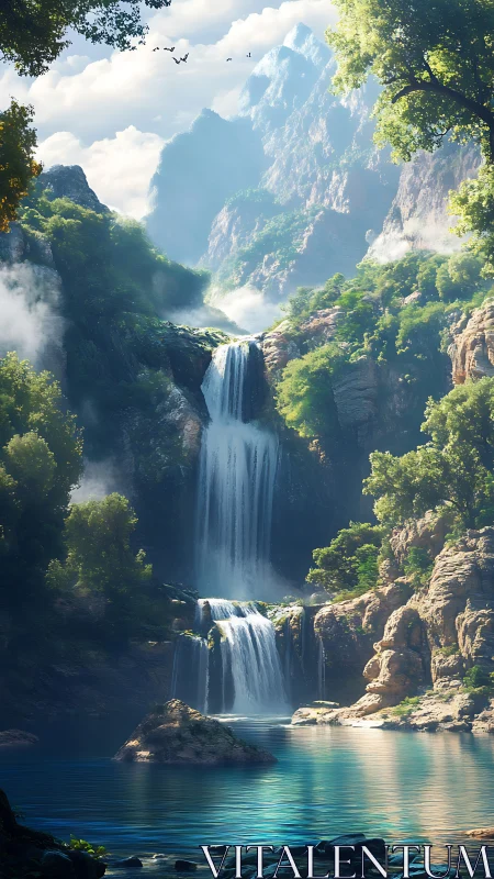 Cascading mountain waterfalls in luminous forest canyon.