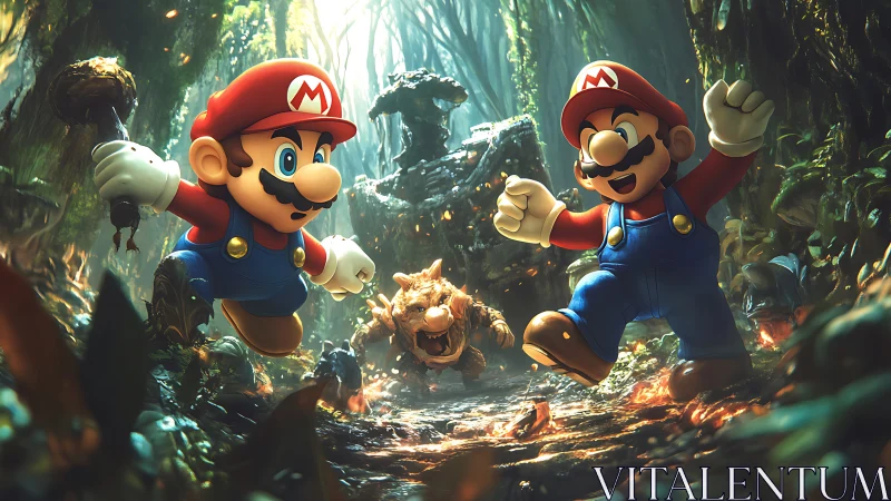 Mario twins dash through lush jungle in cinematic chase.