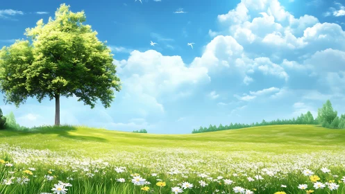 Sunlit meadow landscape renders solitary tree with floral foreground