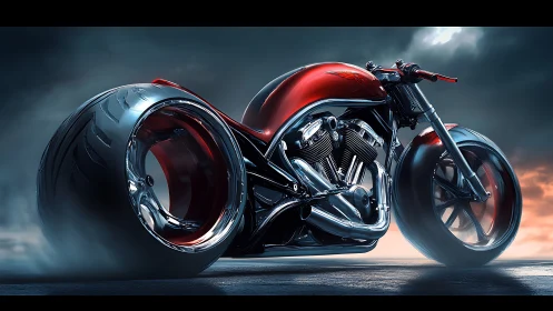 Low-slung red concept motorcycle with oversized slick tires
