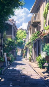 Sunlit garden alleyway where cobblestones learn to bloom.
