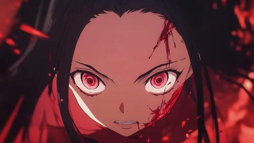 Fierce anime warrior stares ahead through blood and fire