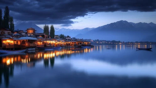 Photorealistic lakeside evening with illuminated houseboats and peaks.
