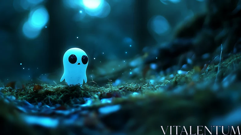 Shy blue forest ghost glows softly in a dreamy night clearing.