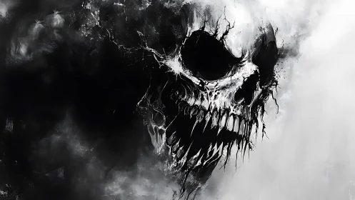 Monochrome skeletal visage emerges from abstract smoke field