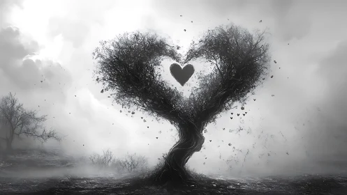 Heart-Shaped Tree Dispersing Love Particles in Fog.