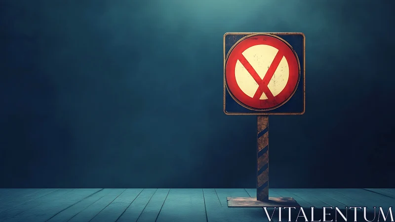 No stopping road sign on stand in empty interior space.