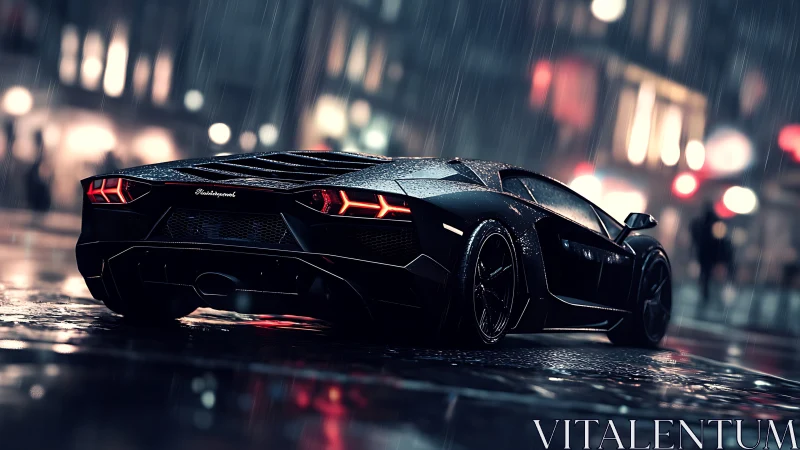 Rain-soaked supercar under neon-lit urban nightscape rendering.