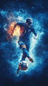 Soccer player kicks glowing ball through fiery cosmic smoke