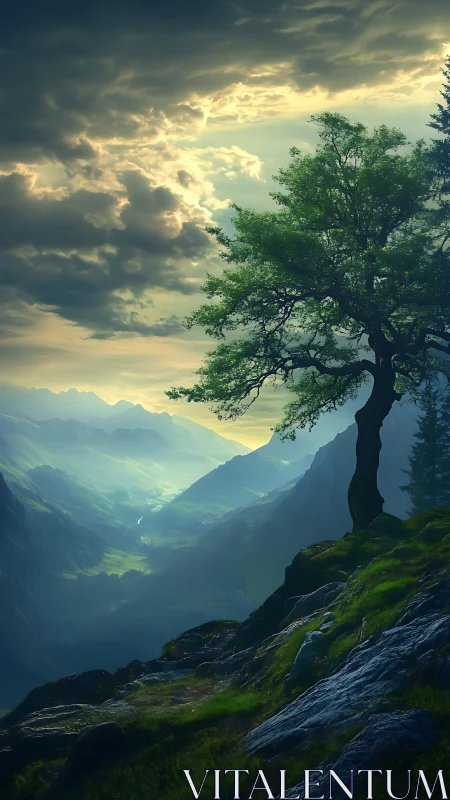 Backlit solitary tree crowns a steep valley at atmospheric dusk