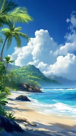 Tropical coastal landscape with mountainous terrain and palm vegetation.