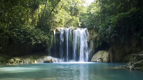 Serene jungle waterfall pours into a tranquil turquoise lagoon
