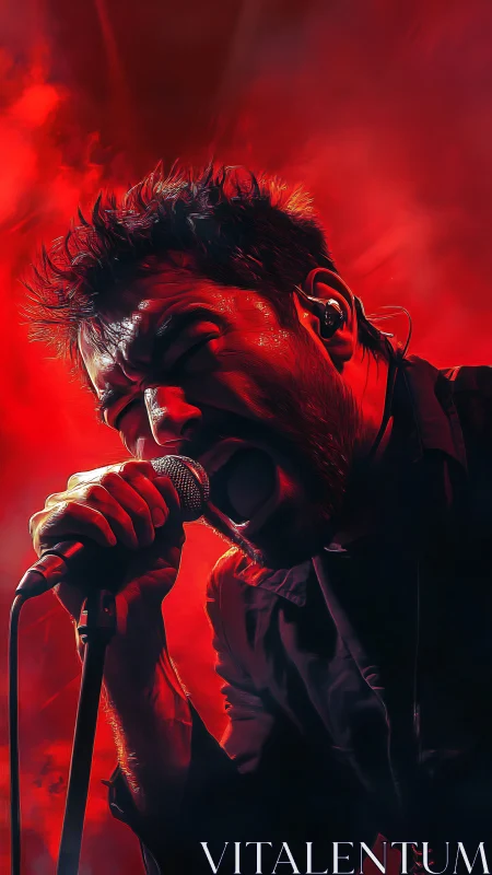 High-intensity vocalist in red-lit digital stage portrait.