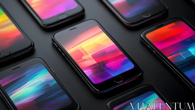 Multiple smartphones with vibrant abstract displays, modern style.