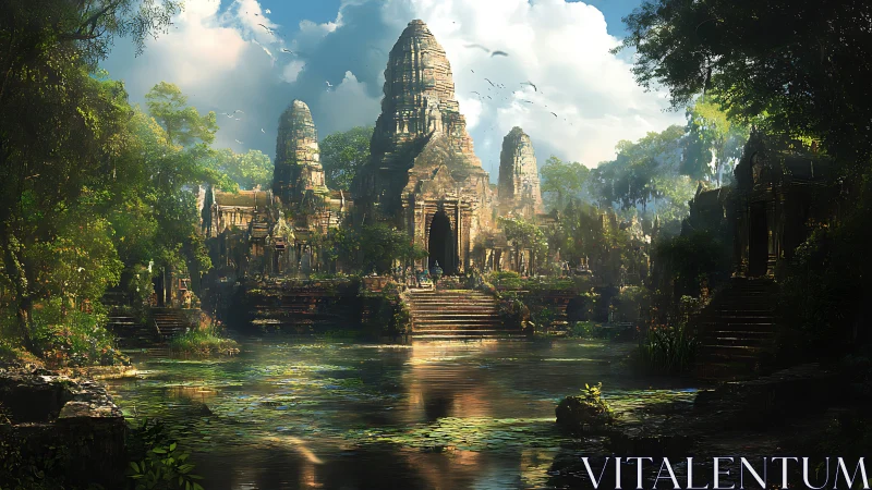 Luminous jungle temple complex over reflective lily basin.
