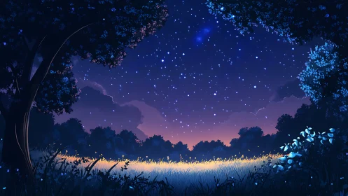 Starlit forest clearing glows softly under a tranquil dusk sky
