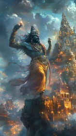 Colossal storm‑god strides through a blazing celestial city