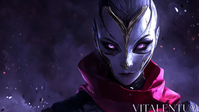 Masked alien sentinel glares through swirling cosmic ash.