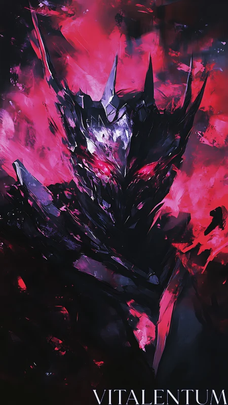 Blade crowned void wraith amid crimson inferno abstraction.