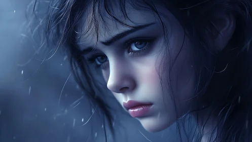 Melancholic girl in rainlit close-up gazes into distance.