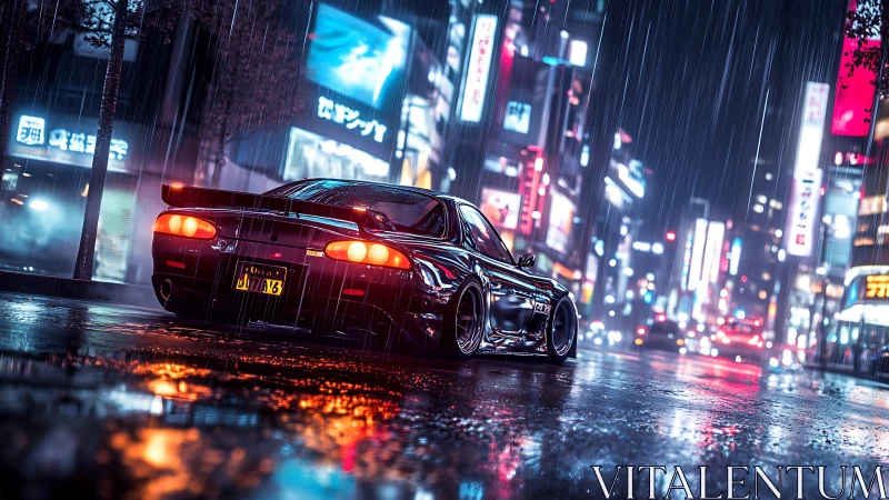 Modified sports car in rainy neon city street at night.