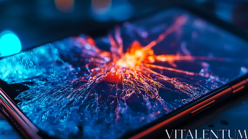 Shattered smartphone screen glows with vivid neon fracture