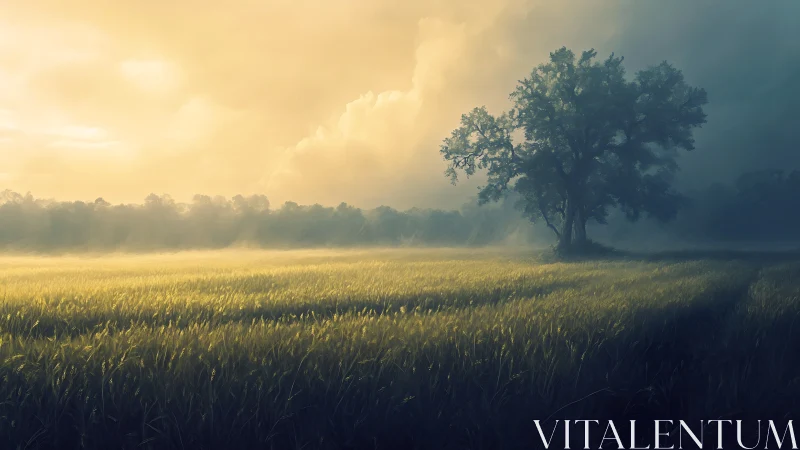 Backlit lone tree in misty meadow under dramatic sunrise sky