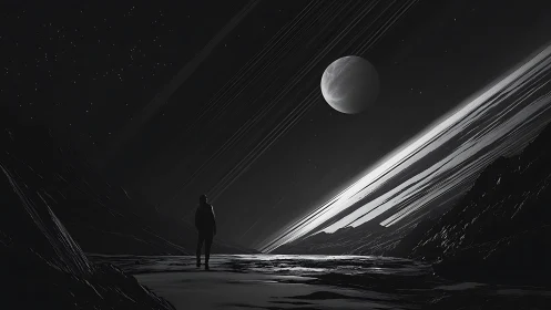 Lone observer beneath oblique planetary ring plane in silhouette.