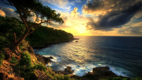 Sunlit rocky coast glows beneath dramatic golden sunset.