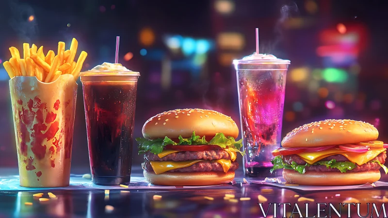 Colorful fast food meal with burgers, fries and drinks.