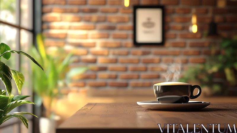 Steaming espresso on rustic wood table in warm loft café.