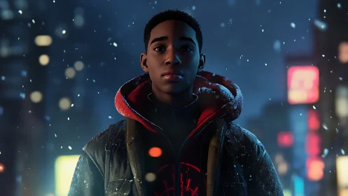 Snowlit city kid in neon dusk, holding quiet courage.