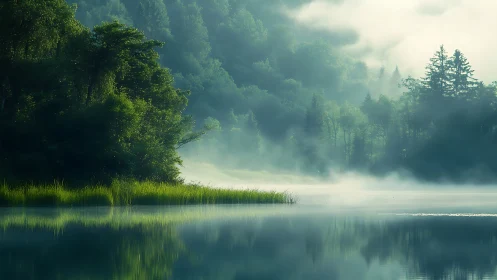 Misty Lake Serenity Where Quiet Waters Meet the Forest.