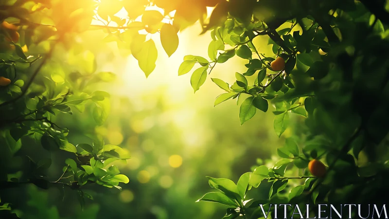 Sunlit citrus foliage frames a softly diffused bokeh core