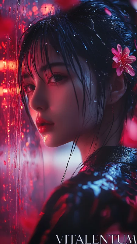 Moody portrait of wet woman in neon red rain scene.