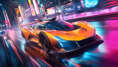Orange hypercar on wet neon city street at night scene.
