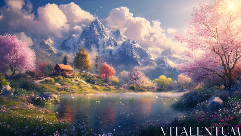 Gentle spring cabin by misty lake beneath snowy peaks.