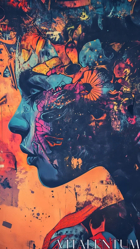 Surreal neon portrait dissolves into abstract floral cosmos.