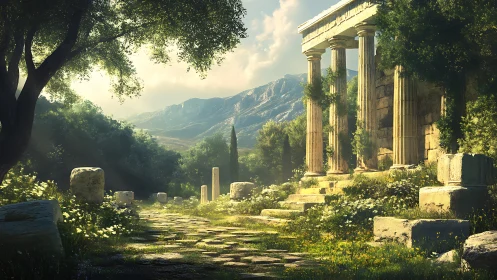 Sunlit ancient ruins wrapped in gentle green tranquility.