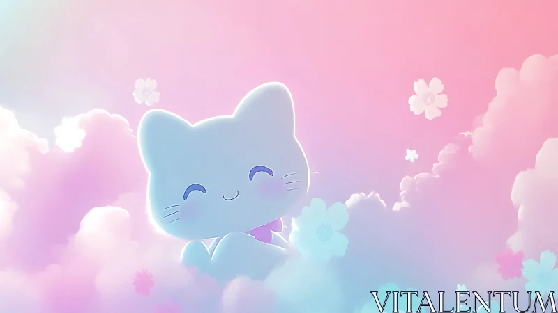 Gentle pastel sky cradles a smiling cartoon cloud kitten