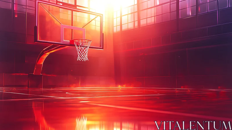 Sunlit indoor basketball court glows with vivid orange highlights