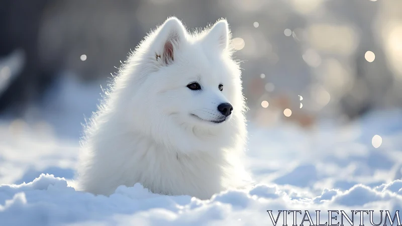 White fluffy dog relaxing in bright winter snow landscape.