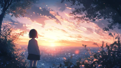 Backlit girl observes luminous cityscape under stratified sunset sky