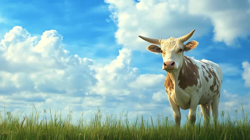 Photorealistic longhorn bovine under expansive clouded sky.