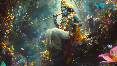 Divine blue deity playing flute in luminous forest grove.