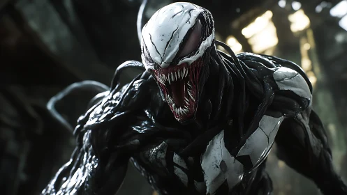 Snarling symbiote lunges from shadowy ruins in glossy rage.