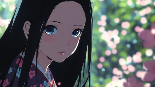 Kimono-clad girl in floral garden with luminous blue eyes.