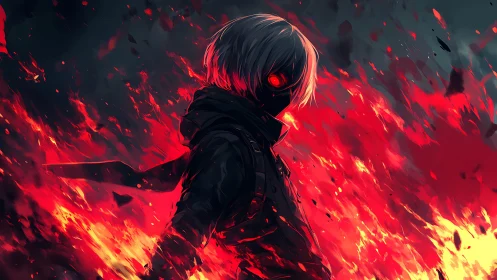 Firelit warrior stands calm in swirling embers and shadow