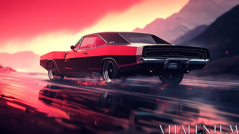 Muscle car accelerates through neon-lit wet highway environment