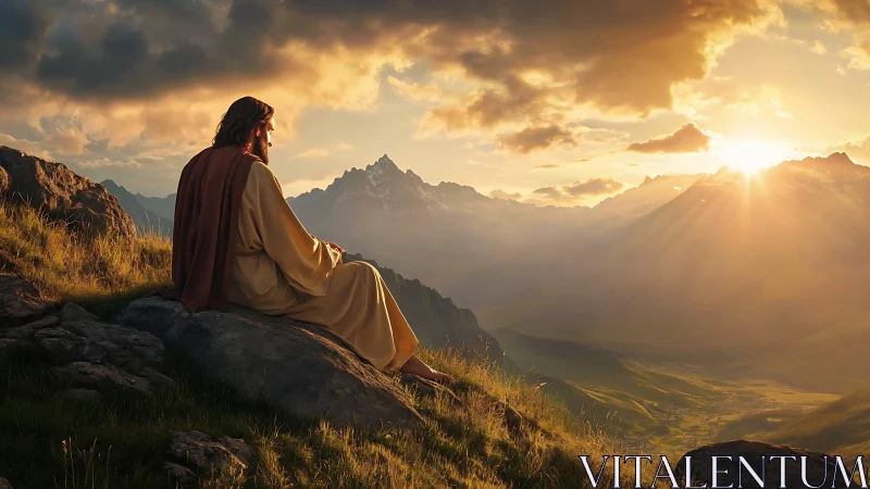 Robe-clad figure sits on rocky hillside observing mountain sunrise